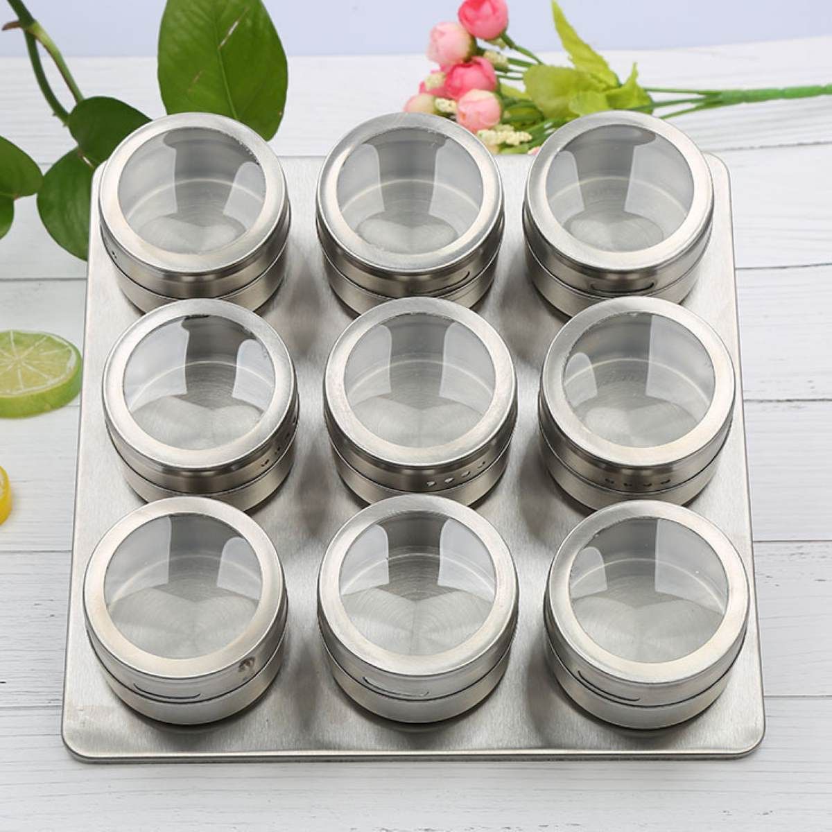 Kruidenrek Magnetisch - 9 Rvs Kruidenpotjes